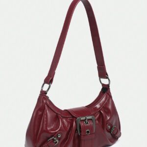 1pc Women's Vintage Milady Distressed Soft Leather Motorcycle Bag With Rivets, Needle Buckle, Pleats, Cloud Shaped, Shoulder Crossbody And Clutch Bag For Work, Commuting, Dating, Parties, Trendy Crescent Moon Bag For Women, Fashionable Burgundy Bag, Simple Retro Inspired Bag For Women