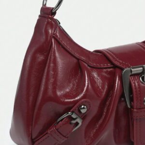1pc Women's Vintage Milady Distressed Soft Leather Motorcycle Bag With Rivets, Needle Buckle, Pleats, Cloud Shaped, Shoulder Crossbody And Clutch Bag For Work, Commuting, Dating, Parties, Trendy Crescent Moon Bag For Women, Fashionable Burgundy Bag, Simple Retro Inspired Bag For Women