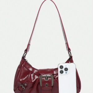 1pc Women's Vintage Milady Distressed Soft Leather Motorcycle Bag With Rivets, Needle Buckle, Pleats, Cloud Shaped, Shoulder Crossbody And Clutch Bag For Work, Commuting, Dating, Parties, Trendy Crescent Moon Bag For Women, Fashionable Burgundy Bag, Simple Retro Inspired Bag For Women
