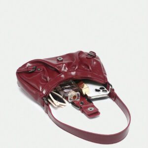 1pc Women's Vintage Milady Distressed Soft Leather Motorcycle Bag With Rivets, Needle Buckle, Pleats, Cloud Shaped, Shoulder Crossbody And Clutch Bag For Work, Commuting, Dating, Parties, Trendy Crescent Moon Bag For Women, Fashionable Burgundy Bag, Simple Retro Inspired Bag For Women