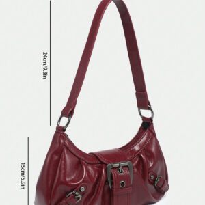 1pc Women's Vintage Milady Distressed Soft Leather Motorcycle Bag With Rivets, Needle Buckle, Pleats, Cloud Shaped, Shoulder Crossbody And Clutch Bag For Work, Commuting, Dating, Parties, Trendy Crescent Moon Bag For Women, Fashionable Burgundy Bag, Simple Retro Inspired Bag For Women