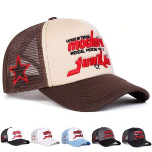 1pc Men's 5-Pointed Star Baseball Cap, Outdoor Casual Letter Trucker Hat, Breathable Mesh Sun Hat For Travel, Spring And Autumn