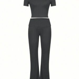 SHEIN EZwear Ladies' Simple Solid Color Daily Wear Long Sleeve Top And Trousers Set