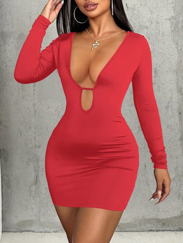 SHEIN Foxxy Robe mini à manches longues et échancrée de couleur unie sexy pour femmes – Image 2