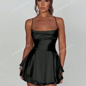 1 pièce Robe plissée avec design à cordon de serrage sans dos, robe mini en satin sexy pour soirée, bar, maison