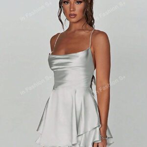 1 pièce Robe plissée avec design à cordon de serrage sans dos, robe mini en satin sexy pour soirée, bar, maison