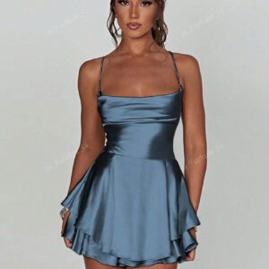 1 pièce Robe plissée avec design à cordon de serrage sans dos, robe mini en satin sexy pour soirée, bar, maison
