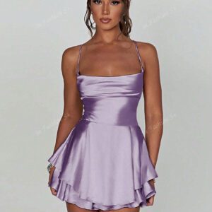 1 pièce Robe plissée avec design à cordon de serrage sans dos, robe mini en satin sexy pour soirée, bar, maison