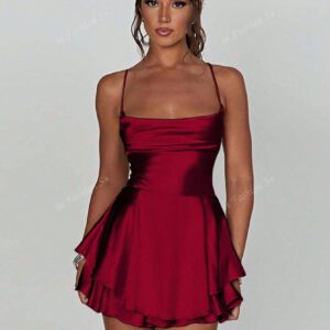 1 pièce Robe plissée avec design à cordon de serrage sans dos, robe mini en satin sexy pour soirée, bar, maison