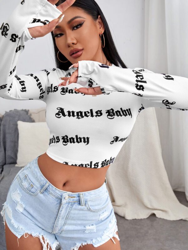 SHEIN Relaxiva T-shirt avec trou pour le pouce et graphique de lettres. Hauts graphiques pour femmes – Image 11