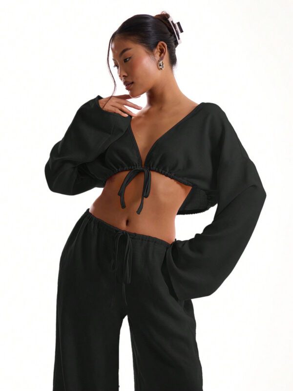 MUSERA Top de plage à manches larges à nouer en lin – Image 2