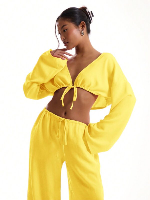 MUSERA Top de plage à manches larges à nouer en lin – Image 3