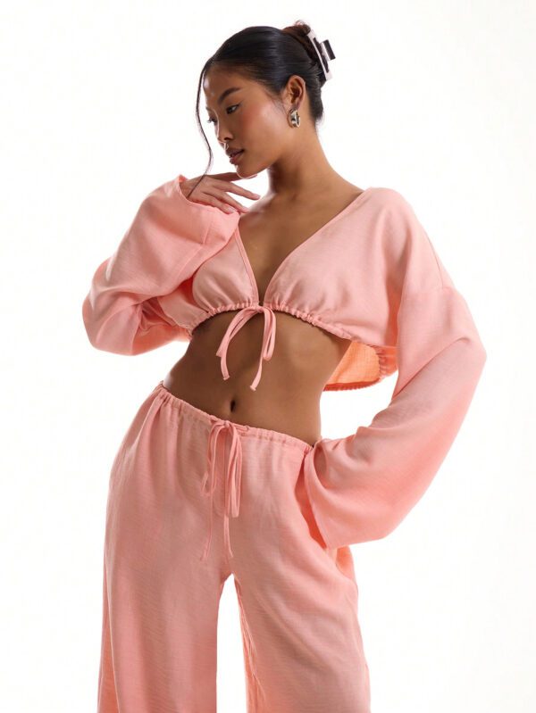 MUSERA Top de plage à manches larges à nouer en lin – Image 4