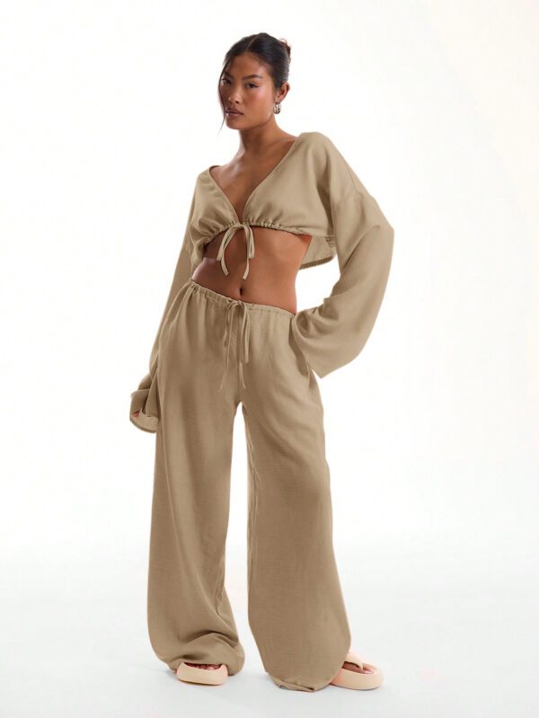 MUSERA Top de plage à manches larges à nouer en lin – Image 8