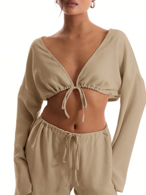 MUSERA Top de plage à manches larges à nouer en lin – Image 9
