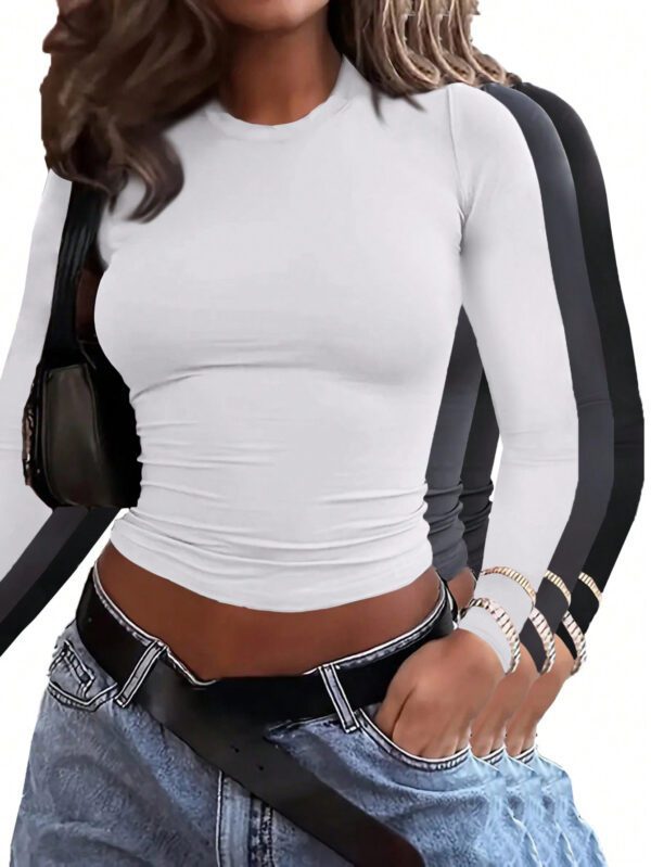 SHEIN EZwear T-shirt décontracté pour femmes avec col rond d'été de couleur unie à manches courtes et plis pour une coupe ajustée – Image 18