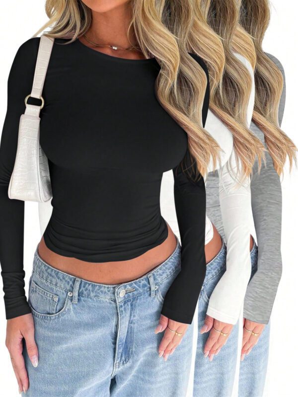 SHEIN EZwear T-shirt décontracté pour femmes avec col rond d'été de couleur unie à manches courtes et plis pour une coupe ajustée – Image 20