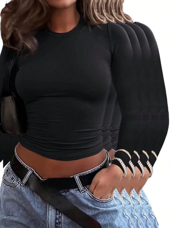 SHEIN EZwear T-shirt décontracté pour femmes avec col rond d'été de couleur unie à manches courtes et plis pour une coupe ajustée – Image 24