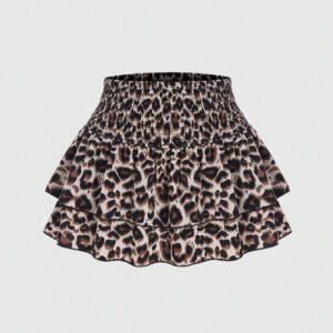 SHEIN Sweetro Jupe à volants à taille froncée et double couche imprimée léopard. Tenue Y2K à la mode pour l'été