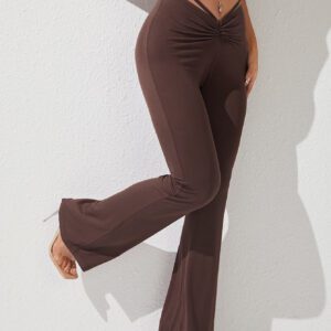 SHEIN PETITE Pantalon Printemps À Jambes Évasées Et Taille Haute Froncée
