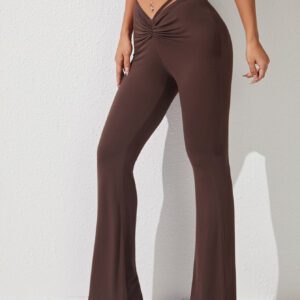 SHEIN PETITE Pantalon Printemps À Jambes Évasées Et Taille Haute Froncée