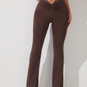 SHEIN PETITE Pantalon Printemps À Jambes Évasées Et Taille Haute Froncée
