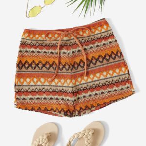 SHEIN WYWH Shorts De Vacances Femme Wywh Avec Impression Géométrique À La Taille Nouée En Kaki