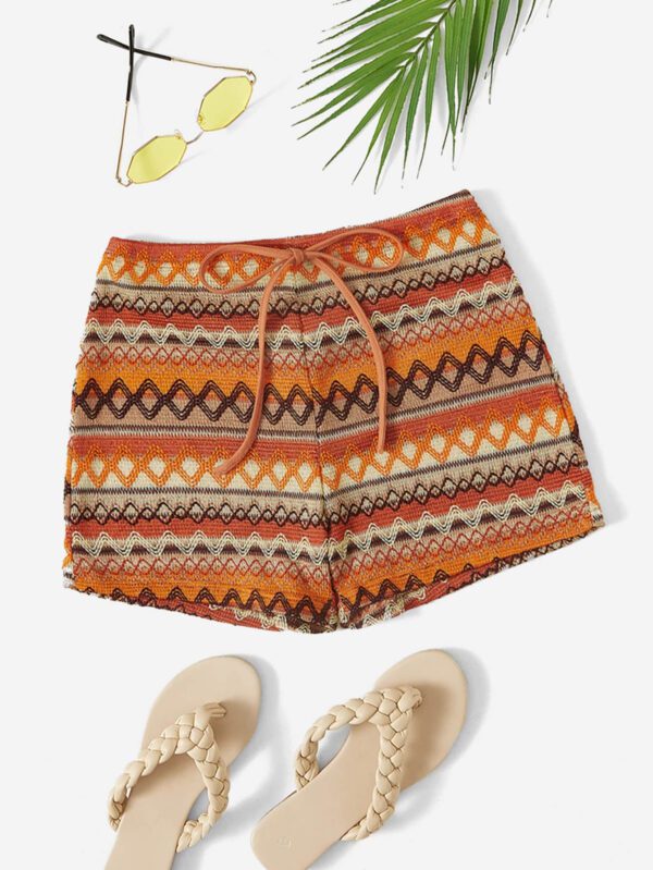 SHEIN WYWH Shorts De Vacances Femme Wywh Avec Impression Géométrique À La Taille Nouée En Kaki