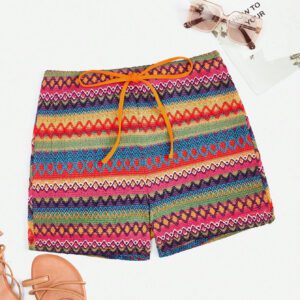 SHEIN WYWH Shorts De Vacances Femme Wywh Avec Impression Géométrique À La Taille Nouée En Kaki