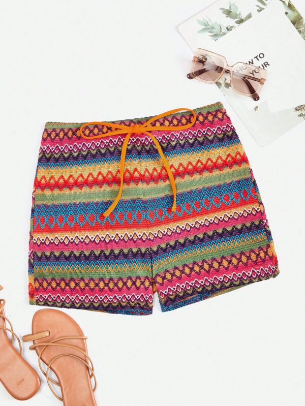 SHEIN WYWH Shorts De Vacances Femme Wywh Avec Impression Géométrique À La Taille Nouée En Kaki – Image 2