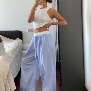DAZY Pantalon large à cordon de serrage à taille élastique pour femmes, décontracté avec blocs de couleur