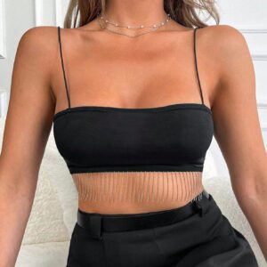 SHEIN Haut de réservoir féminin sexy de mode avec camisole à frange ultra courte noire