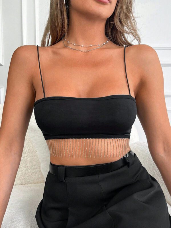 SHEIN Haut de réservoir féminin sexy de mode avec camisole à frange ultra courte noire