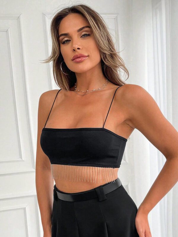 SHEIN Haut de réservoir féminin sexy de mode avec camisole à frange ultra courte noire – Image 17