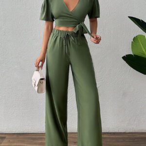 SHEIN Ensemble haut unicolore avec nœud devant et pantalon