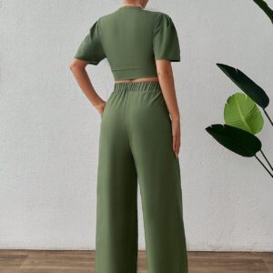 SHEIN Ensemble haut unicolore avec nœud devant et pantalon