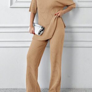 Cottnline Ensemble 2 pièces en coton, Top col polo et pantalon, en tricot côtelé