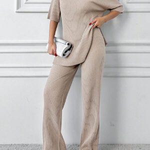 Cottnline Ensemble 2 pièces en coton, Top col polo et pantalon, en tricot côtelé
