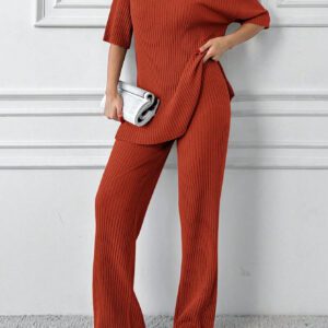 Cottnline Ensemble 2 pièces en coton, Top col polo et pantalon, en tricot côtelé
