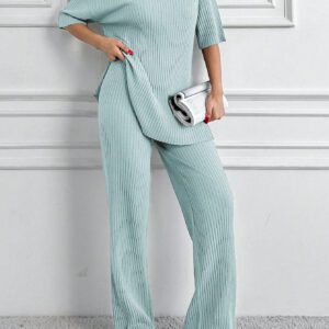 Cottnline Ensemble 2 pièces en coton, Top col polo et pantalon, en tricot côtelé