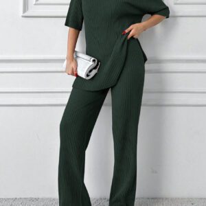 Cottnline Ensemble 2 pièces en coton, Top col polo et pantalon, en tricot côtelé