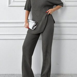 Cottnline Ensemble 2 pièces en coton, Top col polo et pantalon, en tricot côtelé