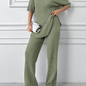 Cottnline Ensemble 2 pièces en coton, Top col polo et pantalon, en tricot côtelé