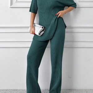 Cottnline Ensemble 2 pièces en coton, Top col polo et pantalon, en tricot côtelé