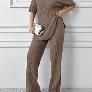 Cottnline Ensemble 2 pièces en coton, Top col polo et pantalon, en tricot côtelé