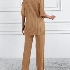 Cottnline Ensemble 2 pièces en coton, Top col polo et pantalon, en tricot côtelé