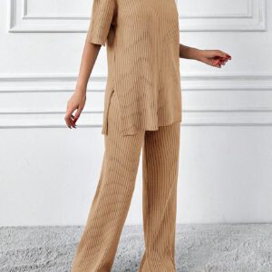 Cottnline Ensemble 2 pièces en coton, Top col polo et pantalon, en tricot côtelé