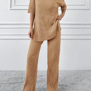 Cottnline Ensemble 2 pièces en coton, Top col polo et pantalon, en tricot côtelé