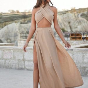SHEIN Ensemble de 2 pièces Boho avec top court croisé et jupe longue fendue avec bretelles à pompons