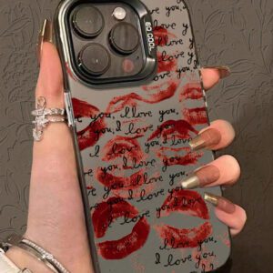 1 pièce Étui de téléphone compatible avec iPhone11/12/13/14/15/15pro/15 Plus/15 Promax/7plus/8plus/X/Xs Max/Xr/11pro/12pro/13pro/14pro/12mini/13mini/11promax/12promax/13promax/14promax/14plus/6/6s/6plus/7/8/Se, en matériel IMD transparent noir avec motif d'appareils photo et rouge à lèvres & lettres pour la Saint-Valentin